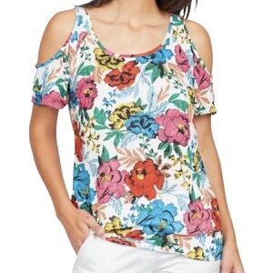 Kut From The Kloth Cold Shoulder Open T Back Blouse Colorful Airy Flowy Size XL